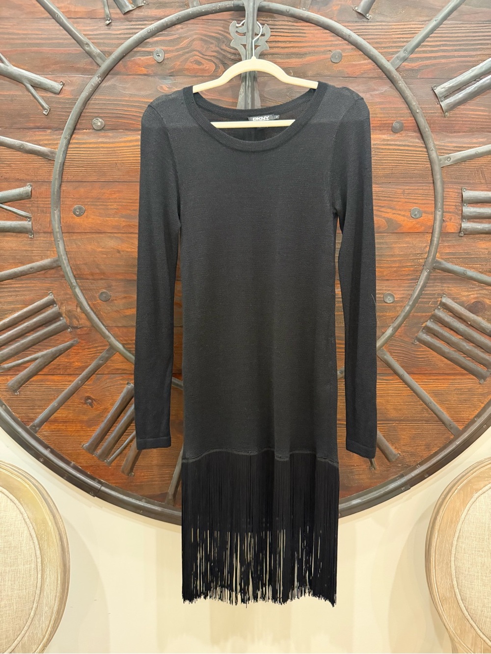 DKNY Black Long-Sleeve Fringe-Hem Knit Dress
